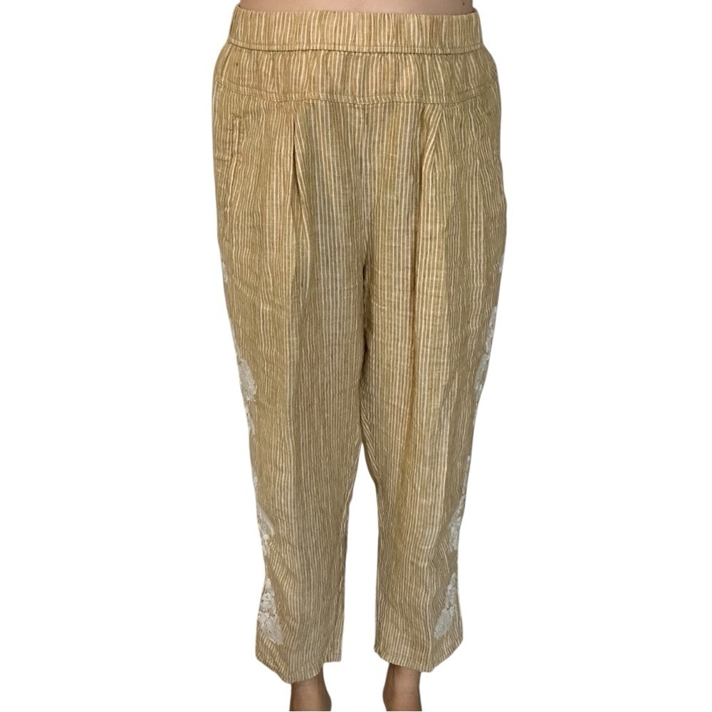 Anthropologie Pull On Linen Pants Yellow Embroidered Floral Boho Size small